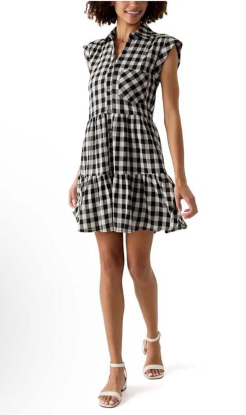Oak & Trellis Buffalo Plaid Tiered Shirt Dress Sz M Black White Gingham Cap